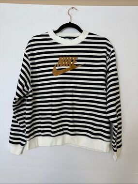 Nike Women’s Black and White Striped Crewneck Sweatshirt with Gold Swoosh